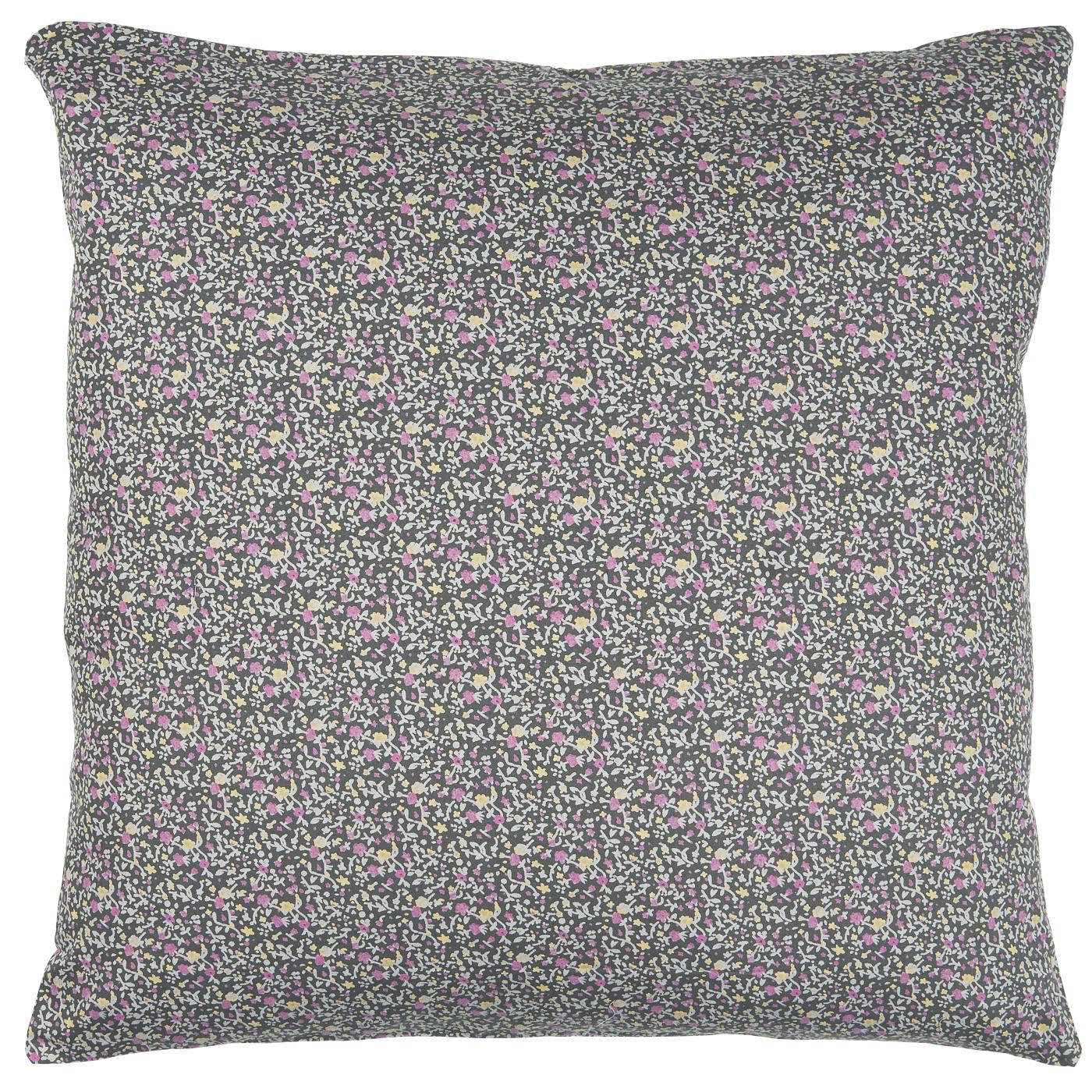 Putetrekk grå bakgrunn, pink/gule blomster