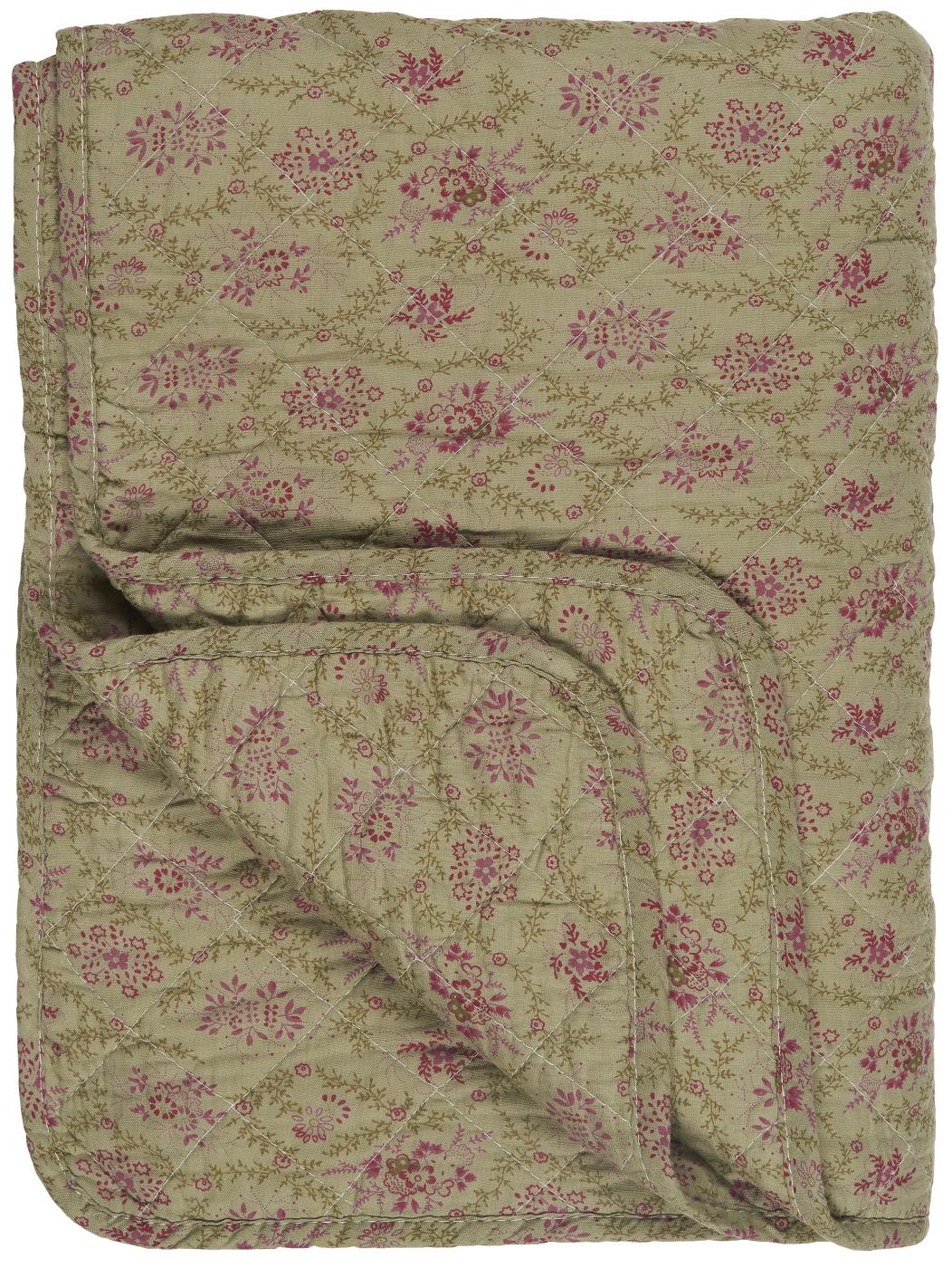 Quilt, oliven m/grønn og cerise blomster